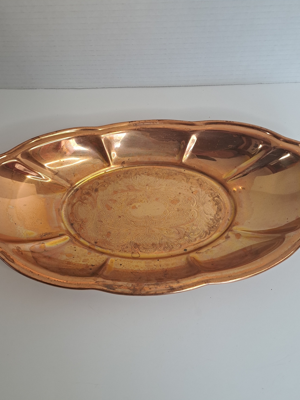 Coppercraft Guild Oval Serving Tray, Copper Ornate Etched. Made in Taunton Mass.